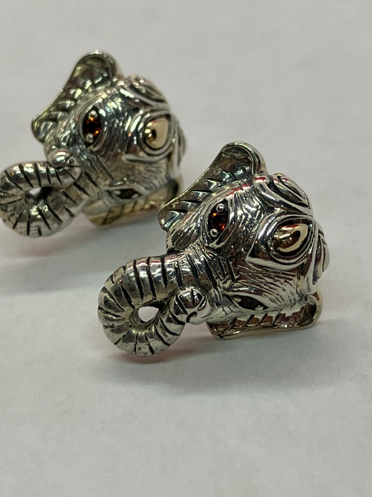 Jai Sterling Silver & 14k Yellow Gold Elephant Garnet Eyes Earrings